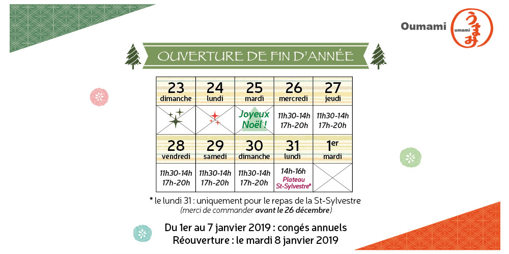 horaires fin d'année 2018